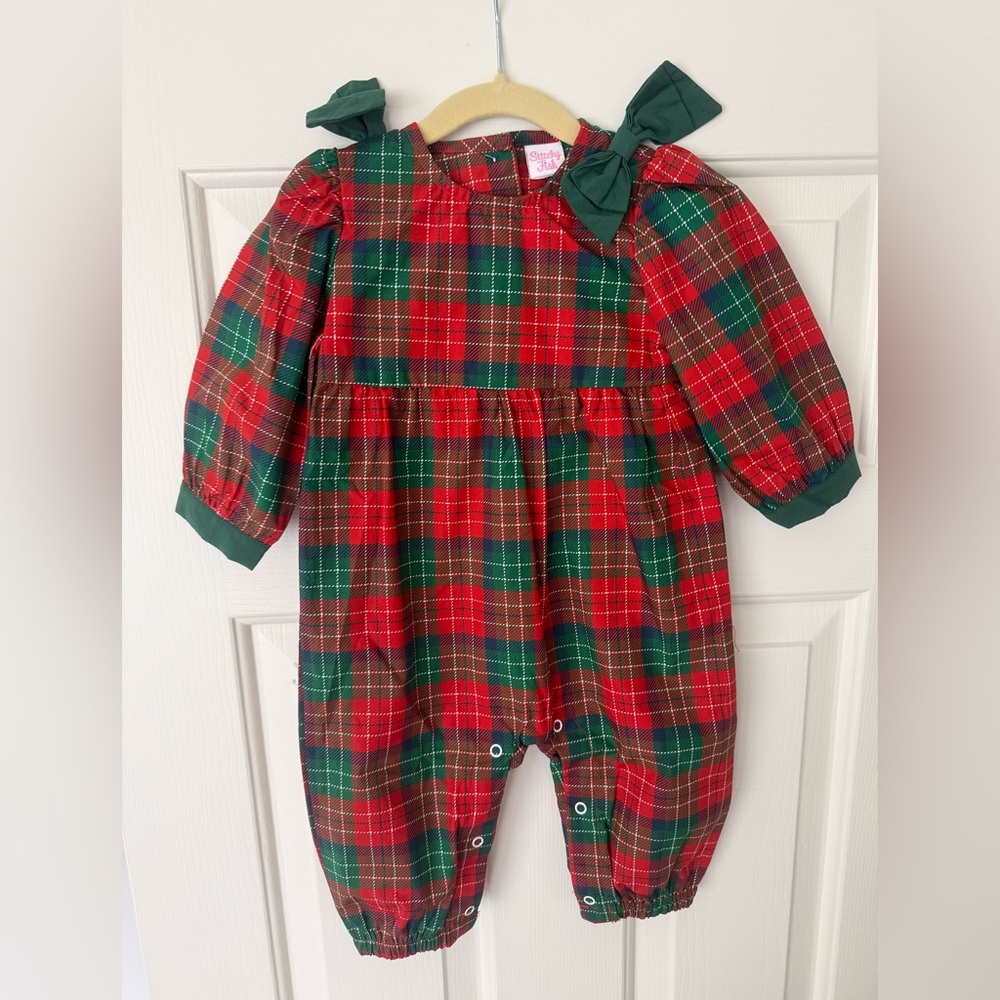 Stitchy Fish Christmas Cheer Romper Red Plaid 9 M